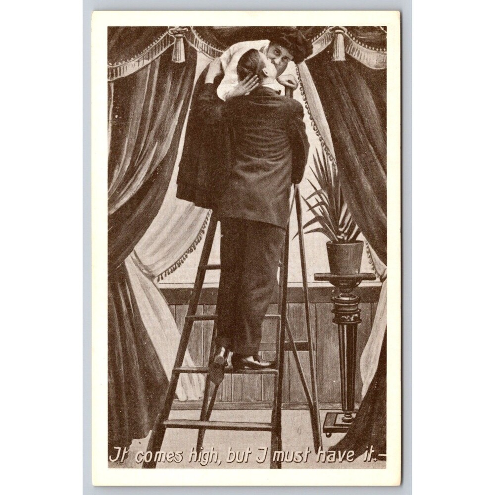 Vintage Reproduction Postcard Couple Kissing Ladder Humor "It Comes High"